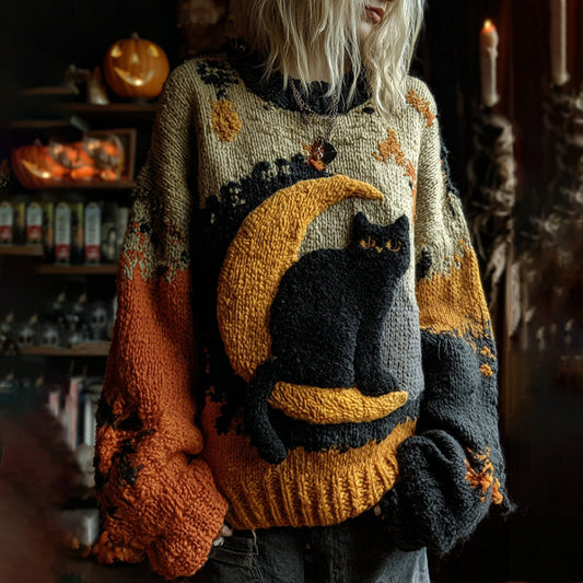 Comstylish Halloween Black Cat Patchwork Art Cozy Knit Sweater