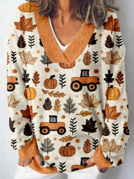 Fall Tractor & Pumpkins Embroidery Cozy Knit Sweater artswardrobe
