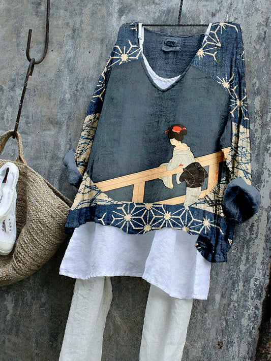 Comstylish Vintage Japanes Art Pattern Linen Blend Cozy Tunic
