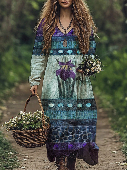 Vintage Botanical Floral Women's Linen Maxi Dress artswardrobe
