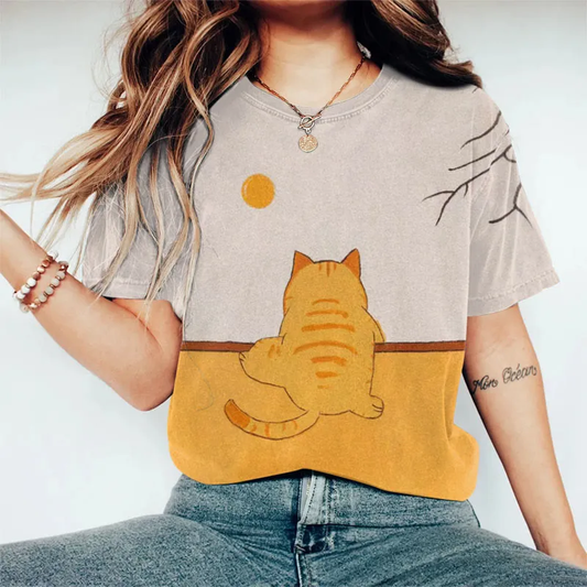 Abstract Creative Cute Orange Cat Climbing Wall Painting Art T-Shirt elevenforest
