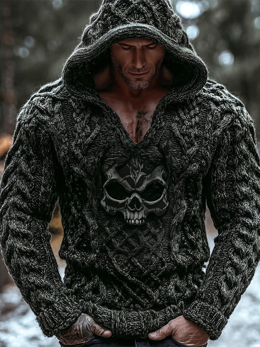 Viking Evil Skull Vintage Men's Chunky Knit Twist Hooded Sweater artswardrobe