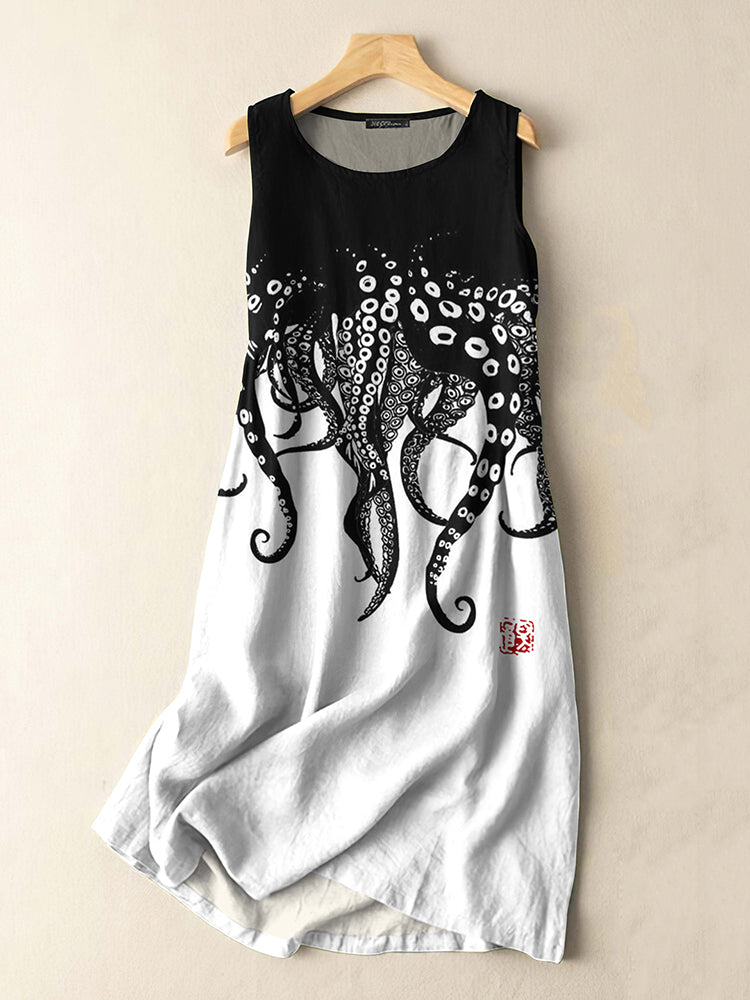 Vintage Japanese Art Octopus Legs Print Sleeveless Cotton And Linen Mi