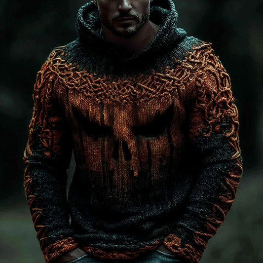 Viking Halloween Pumpkin Skull Men's Knit Twist Hooded Sweater artswardrobe