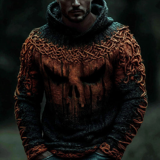 Viking Halloween Pumpkin Skull Men's Knit Twist Hooded Sweater artswardrobe