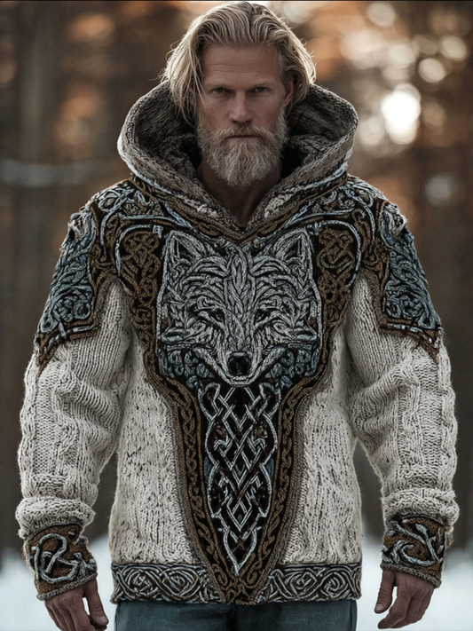 Men's Hooded Thick Sweater With Viking Style Tribal Totem And Wolf Totem Patterns elevenforest