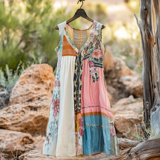 Women's Vintage Floral Applique Art V Neck Dress artswardrobe