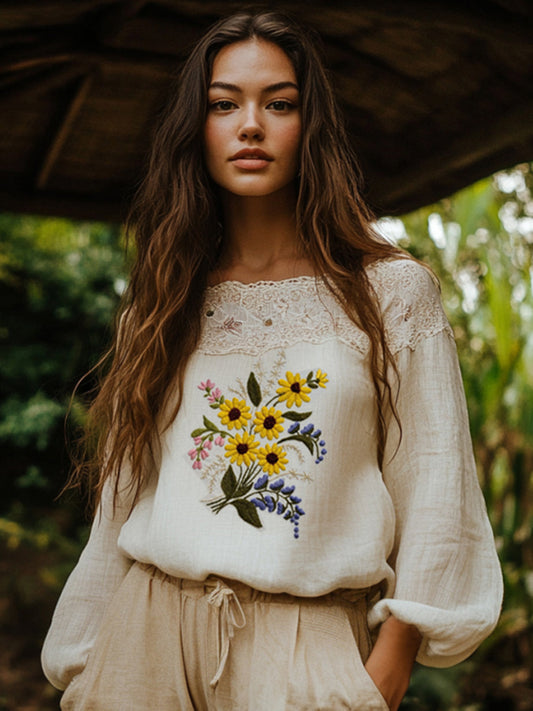 Comstylish Retro Bohemian Sunflower And Floral Embroidery Art Print Cotton And Linen Blend Loose Blouse