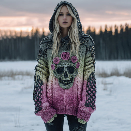 Women's Vintage Skull Flower Gradient Art Cozy Knitted Hooded Sweater elevenforest