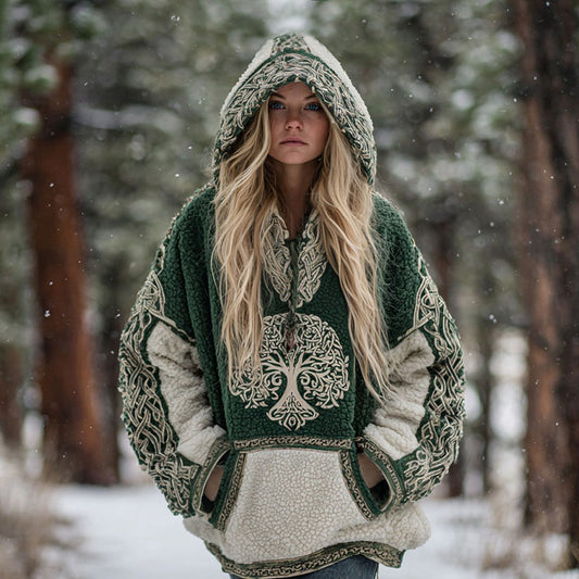 Comstylish Women's Vintage Tree Of Life Celtic Contrast Color Design Plush Warm Hoodie