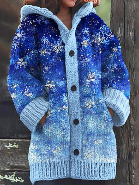 Christmas Snowflake Gradient Print Women's Hooded Sweater Cardigan artswardrobe