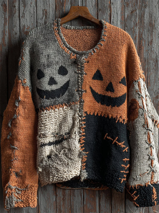 Halloween Pumpkin Face Colorblock Stitched Cozy Knit Sweater elevenforest