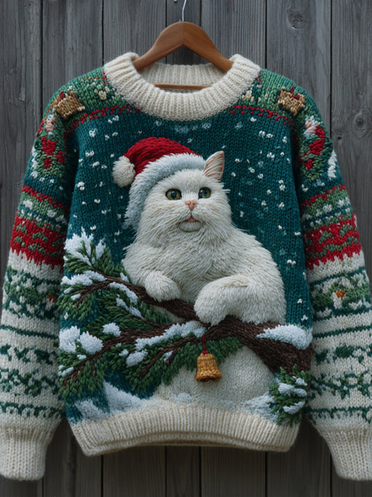 Comstylish Cute Christmas Cat Warm Round Neck Sweater