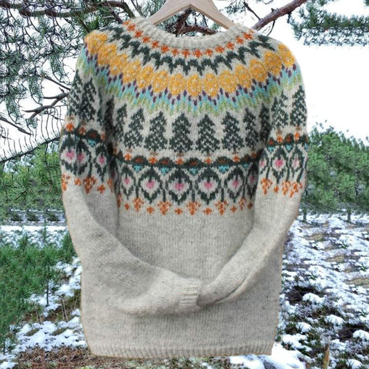Unisex Vintage Icelandic Tree Knit Jacquard Warmth Crew Neck Sweater elevenforest