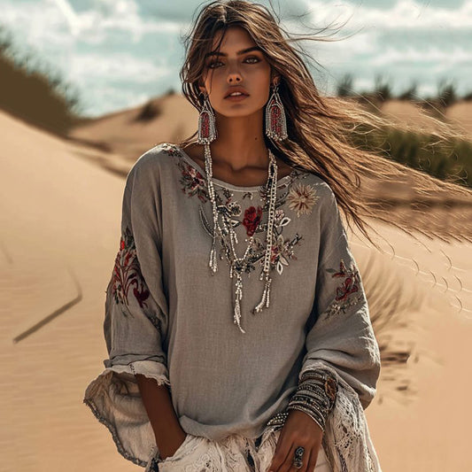 Comstylish Vintage Floral Embroidered Art Crew Neck Comfy Shirt