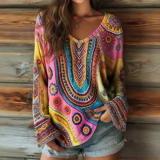 Comstylish Women's Floral Art Print Casual V-neck Long Sleeve Top