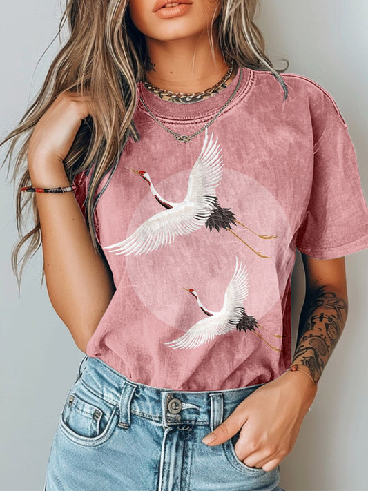 Comstylish Japanese Flying Cranes Art Vintage Washed T Shirt