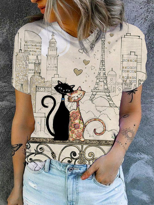 Lovely Cats Art Print Short Sleeve Casual T-Shirt elevenforest
