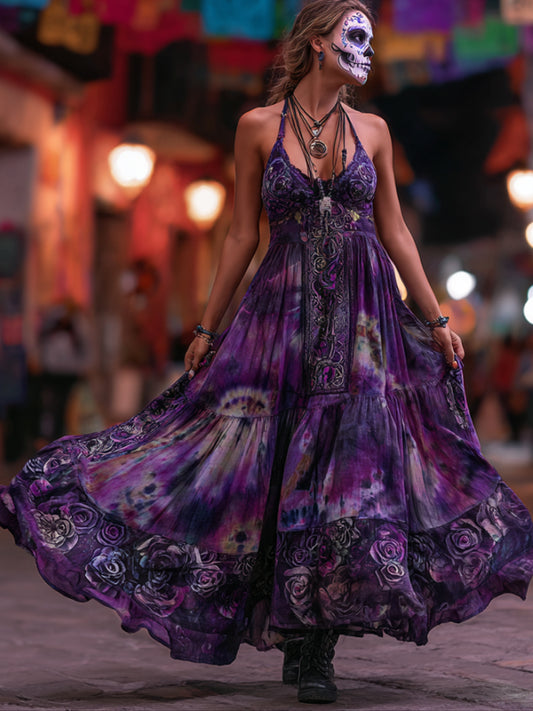 Ladies' Ethnic Pattern Vintage Style Long Dress With Straps artswardrobe