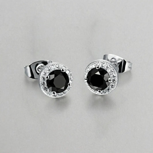 Black Diamond Halo Stud Earrings in Sterling Silver