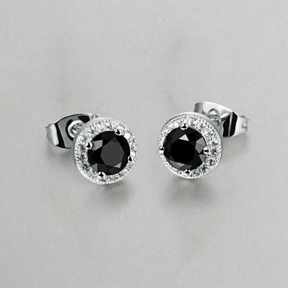 Black Diamond Halo Stud Earrings in Sterling Silver