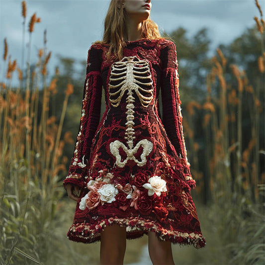 Retro Halloween Skeleton Floral Distressed Embroidery Women's Knit Dress artswardrobe