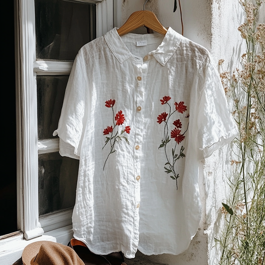 Vintage Floral Embroidery Art Lapel Loose Blouse artswardrobe