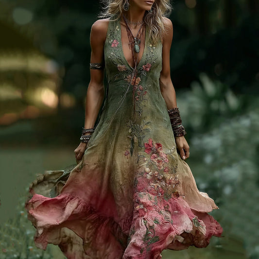 Vintage Gradient Rose And Floral Embroidered Linen Sleeveless Midi Dress artswardrobe