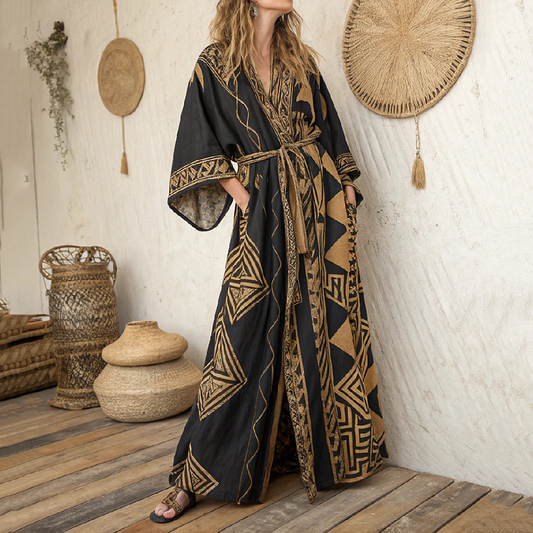 Women's Vintage Ethnic Art  Linen V-neck Robe artswardrobe