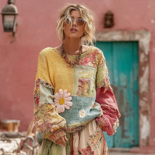 Flower Embroidery Macaroon Color Patchwork Art Cozy Sweater elevenforest