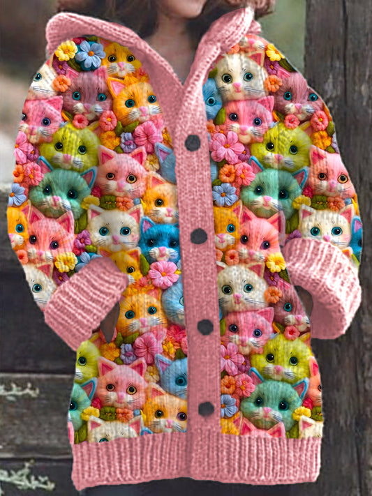 Colorful Cat Floral Embroidery Pattern Knit Hooded Cardigan elevenforest