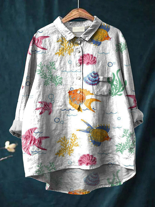 Vintage Lovely Sea Life Art Print Casual Cotton And Linen Shirt