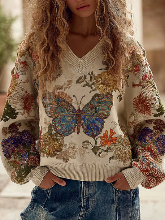 Women's Vintage Retro Casual Butterfly Floral Sweater elevenforest
