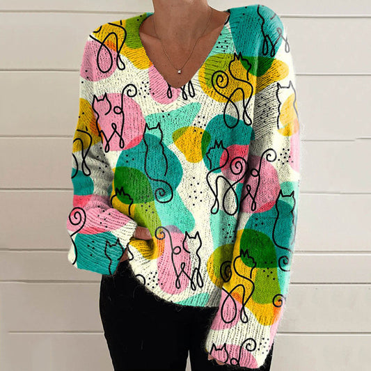 Cat Art Print V-Neck Knitted Sweater elevenforest