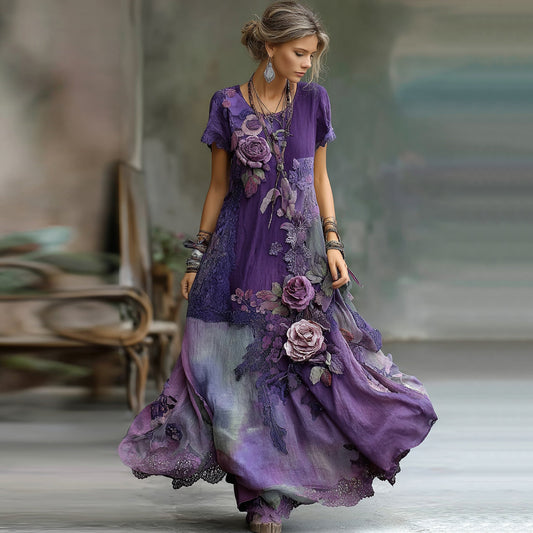 Vintage Bohemian Embroidered Floral Patchwork Short Sleeve Maxi Dress artswardrobe