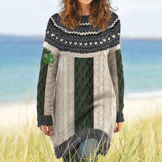 Women's Irish Celtic Knot Shamrock Contrast Jacquard Sweater Dress artswardrobe