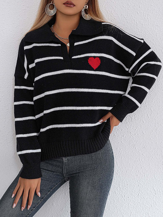 Regine® | Striped long-sleeved sweater with Johnny collar