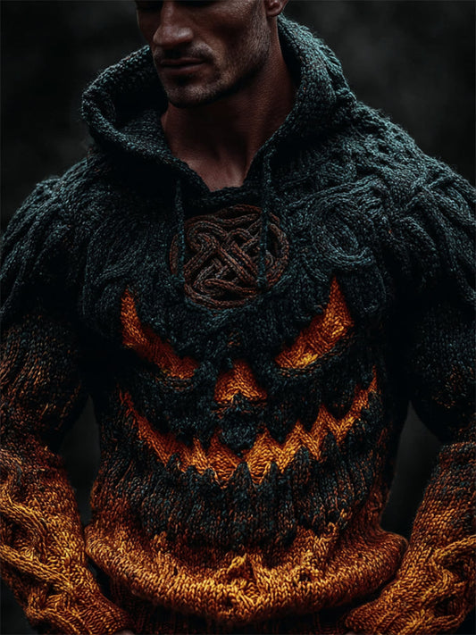 Men's Halloween Pumpkin Viking Celtic Gradient Cozy Chunky Hooded Sweater artswardrobe