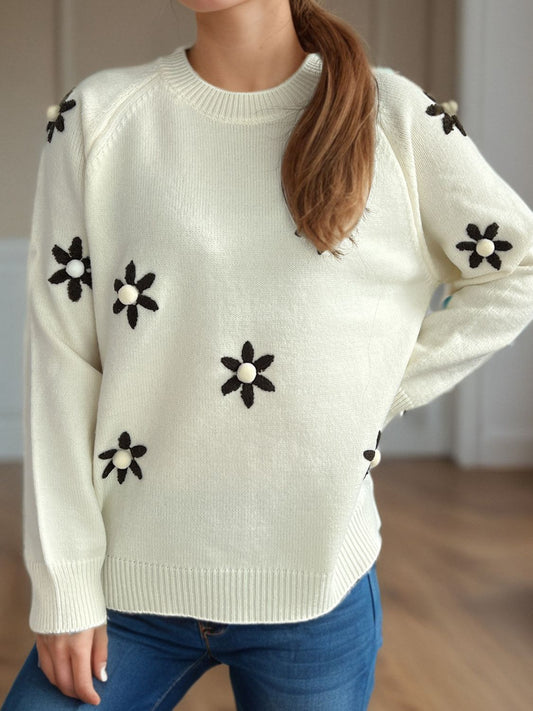 Hana® | Floral sweater with a crew neck and raglan sleeves