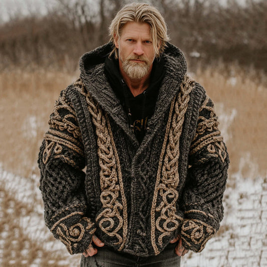 Men's Viking Celtic Geometry Pattern Art Knitted Hooded Sweater elevenforest