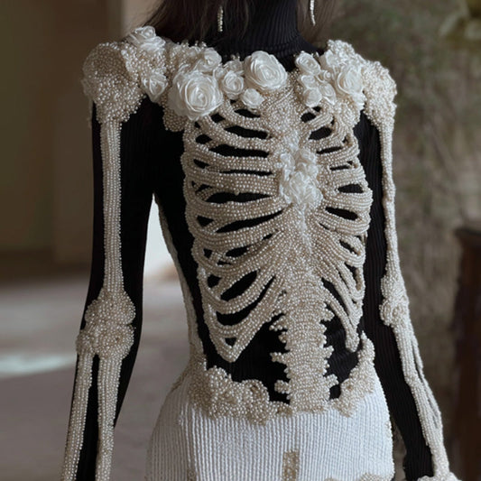 Women's Vintage Halloween Skeleton Bones With Rose Art Cozy Knit Mini Sweater Dress artswardrobe