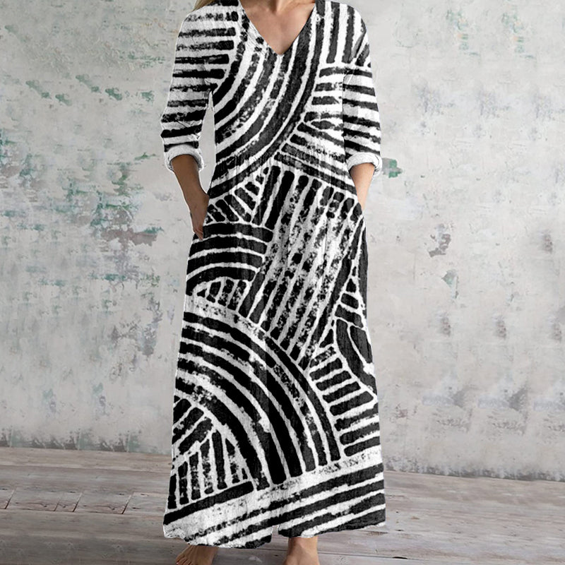 Comstylish Soft Abstract Lines Pattern Linen Maxi Dress