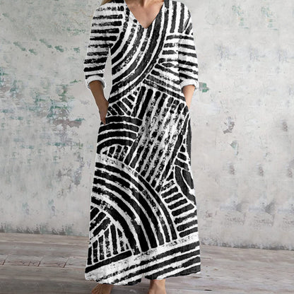 Comstylish Soft Abstract Lines Pattern Linen Maxi Dress