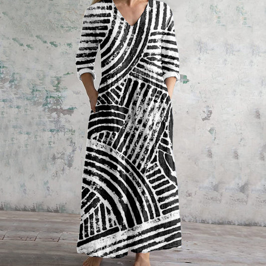 Comstylish Soft Abstract Lines Pattern Linen Maxi Dress
