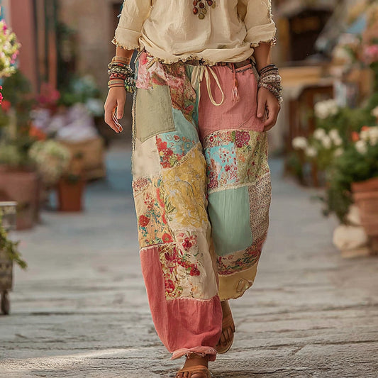 Classic Retro Rose And Floral Patchwork Art Linen Pants artswardrobe