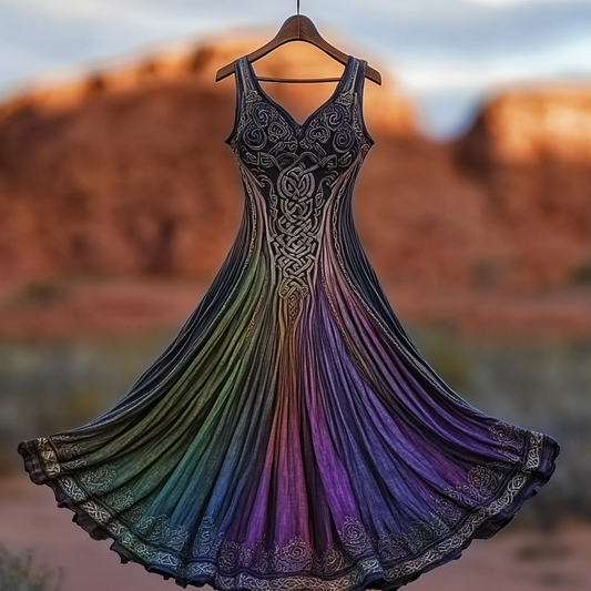 Women's Vintage Viking Celtic Knot Gradient Art Linen Midi Dress artswardrobe