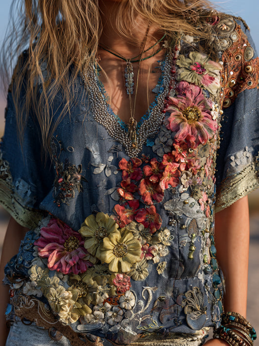 Bohemian Style Three-dimensional Multi-colored Floral V-neck Short-sleeved Shirt artswardrobe