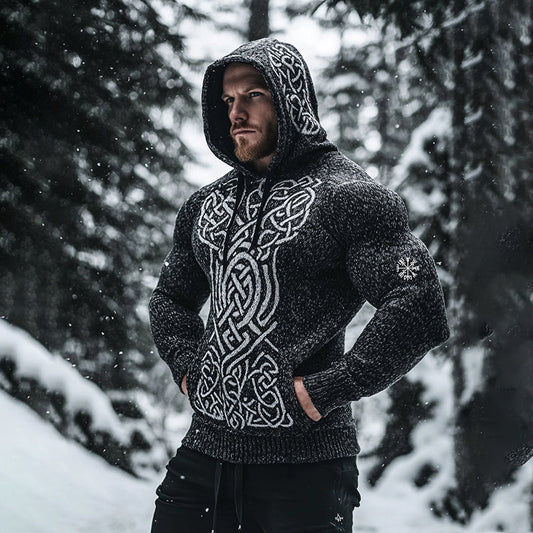 Men's Viking Tribal Wolf Jacquard Celtic Inspired Chunky Knit Hooded Sweater elevenforest