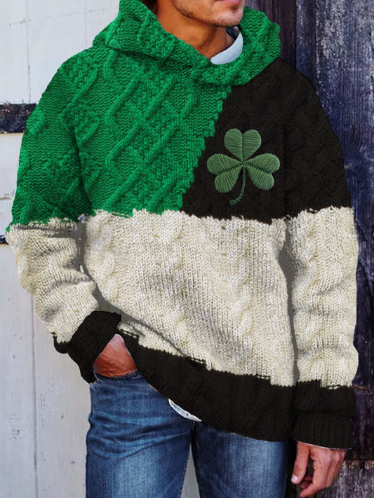 Men's Shamrock Embroidered Patchwork Cozy Hooded Sweater elevenforest