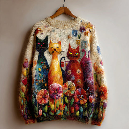 Boho Colorful Cats Floral Art Cozy Knit Sweater elevenforest